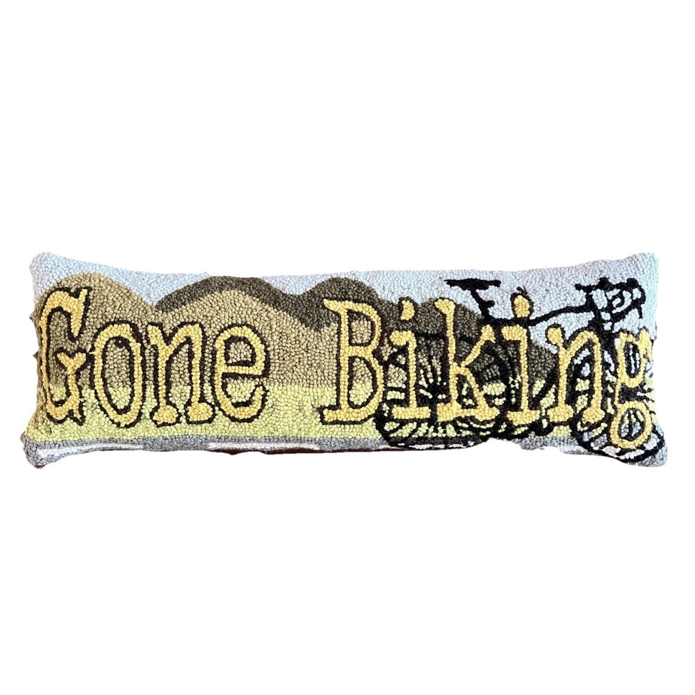 Pecking HandicraftI nc Gone BIKING Hook‎ Cross Stitch Pillow 9X26" RARE